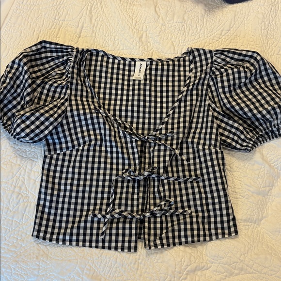Abound Tops - Gingham Puff Sleeve Top with Tie Front